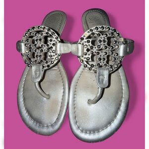 Tory Burch Silver Metallic Leather Studded Sandals | 7.5 | OBO